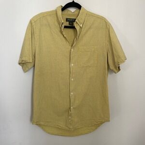 Eddie Bauer Mens Medium Yellow Gray Cotton‎ Plaid Seersucker Short Sleeve Shirt